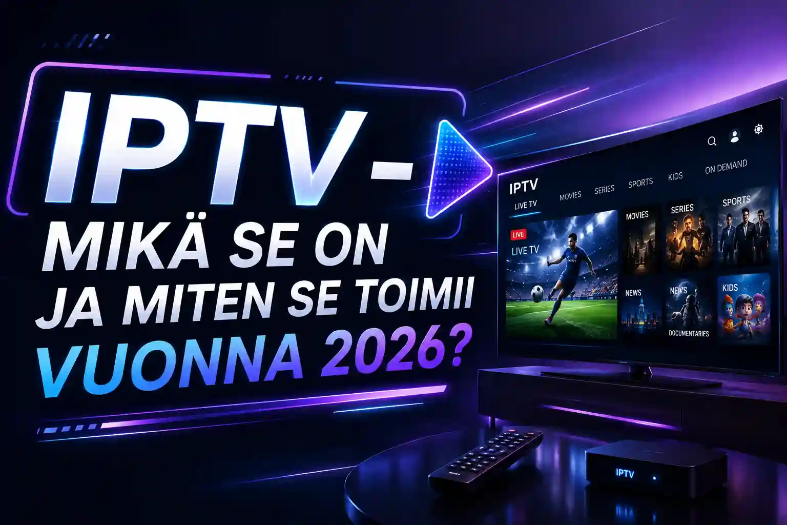 IPTV – Mikä se on ja miten se toimii vuonna 2026? Moderni IPTV-käyttöliittymä älytelevisiossa suomalaisessa kodissa.