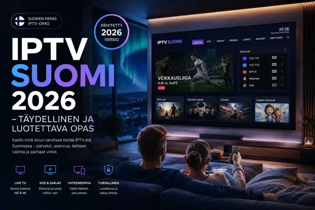 IPTV Suomi 2026 – moderni suomalainen olohuone, jossa pariskunta katsoo IPTV-palvelua suurelta älytelevisiolta, Live TV, urheilu, elokuvat ja sarjat näkyvissä, sininen premium-tunnelma ja luotettava IPTV-katselukokemus Suomessa