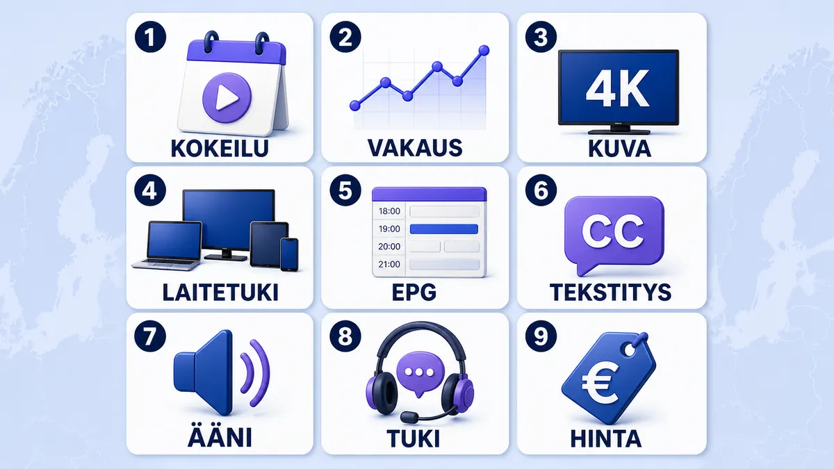 Yhdeksän teknistä merkkiä hyvän IPTV Suomi -palvelun arviointiin