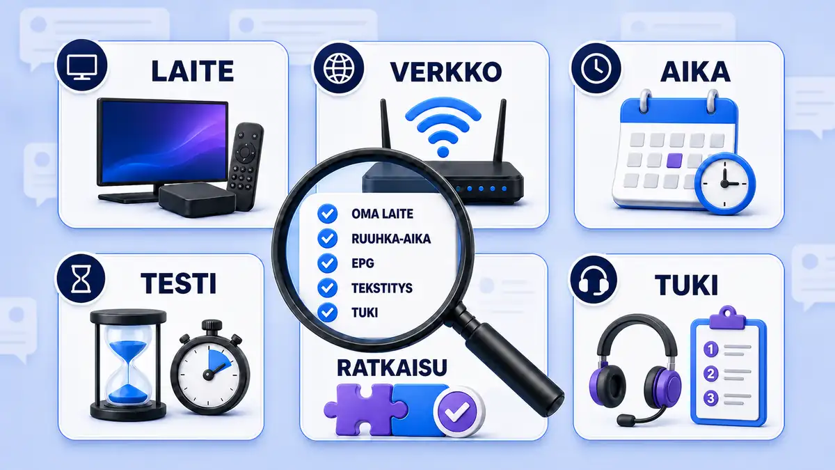 IPTV Suomi kokemuksen tekninen arviointi laitteen, verkon, ajan, testin, ratkaisun ja tuen avulla