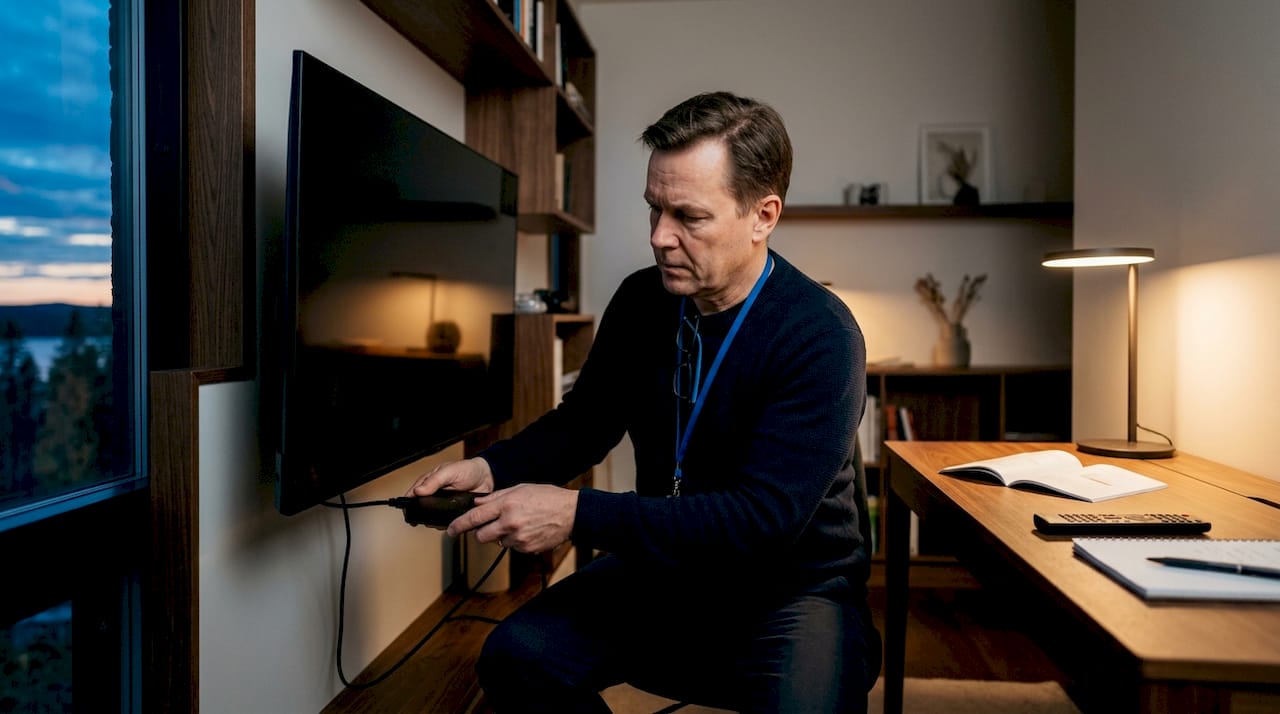 Mies ottaa olohuoneessaan käyttöön uutta IPTV-laitetta.
