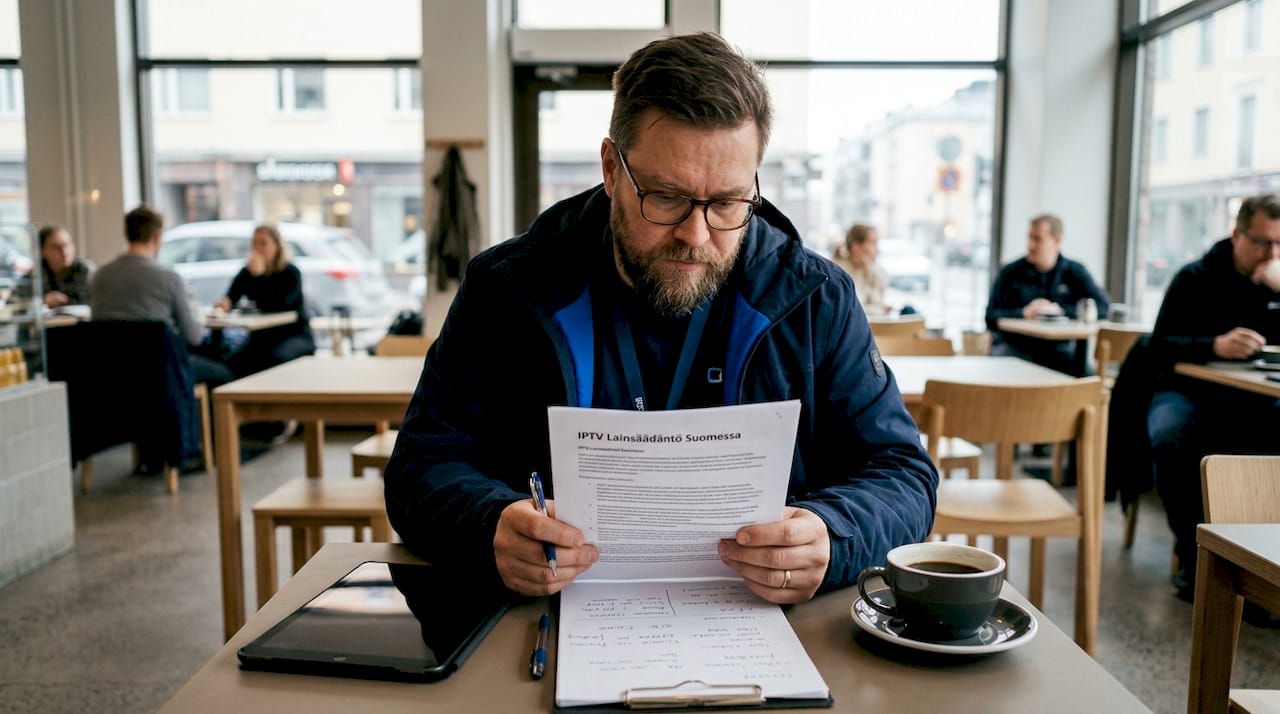 Kotitoimiston rauhassa mies perehtyy IPTV-lainsäädäntöön paperien äärellä.