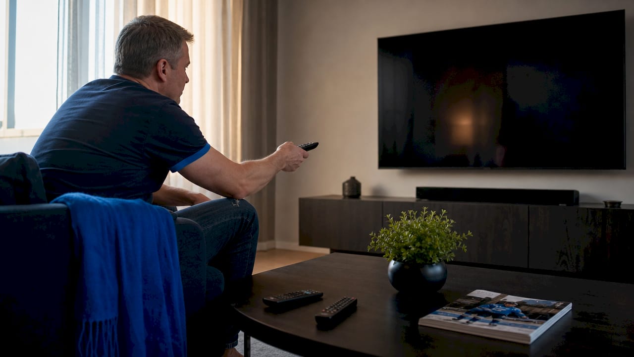 Mies asentaa Smart IPTV -palvelua olohuoneen televisioon.
