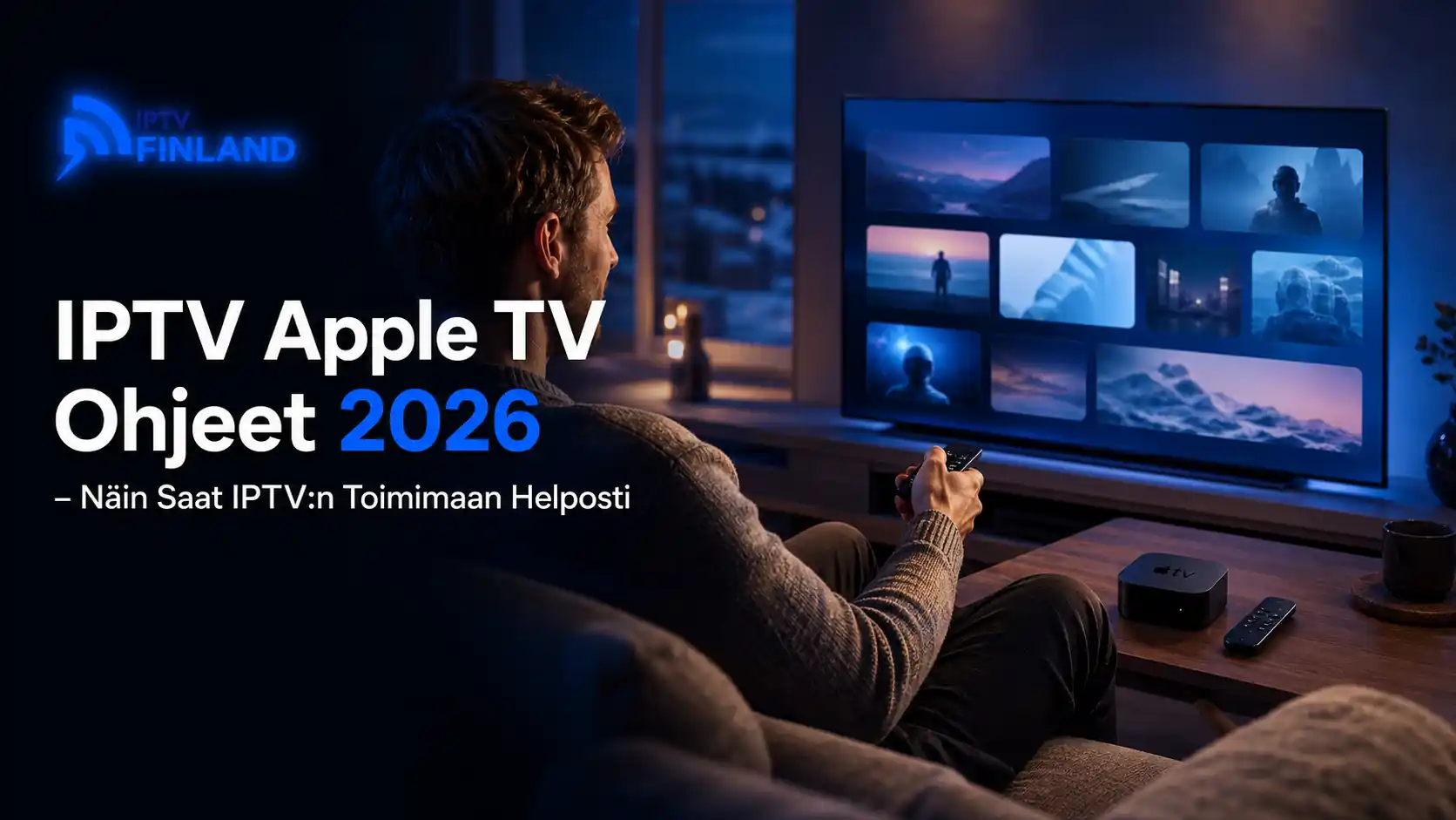 IPTV Apple TV -ohjeet 2026: mies käyttää Apple TV:tä olohuoneessa ja selaa sisältöjä television ruudulta