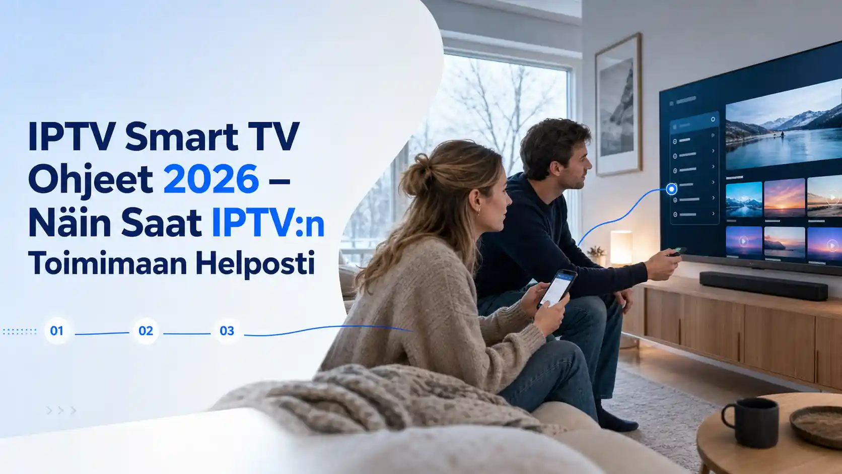 IPTV Smart TV -ohjeet 2026: pariskunta asentaa IPTV-palvelua älytelevisioon puhelimen ja kaukosäätimen avulla.