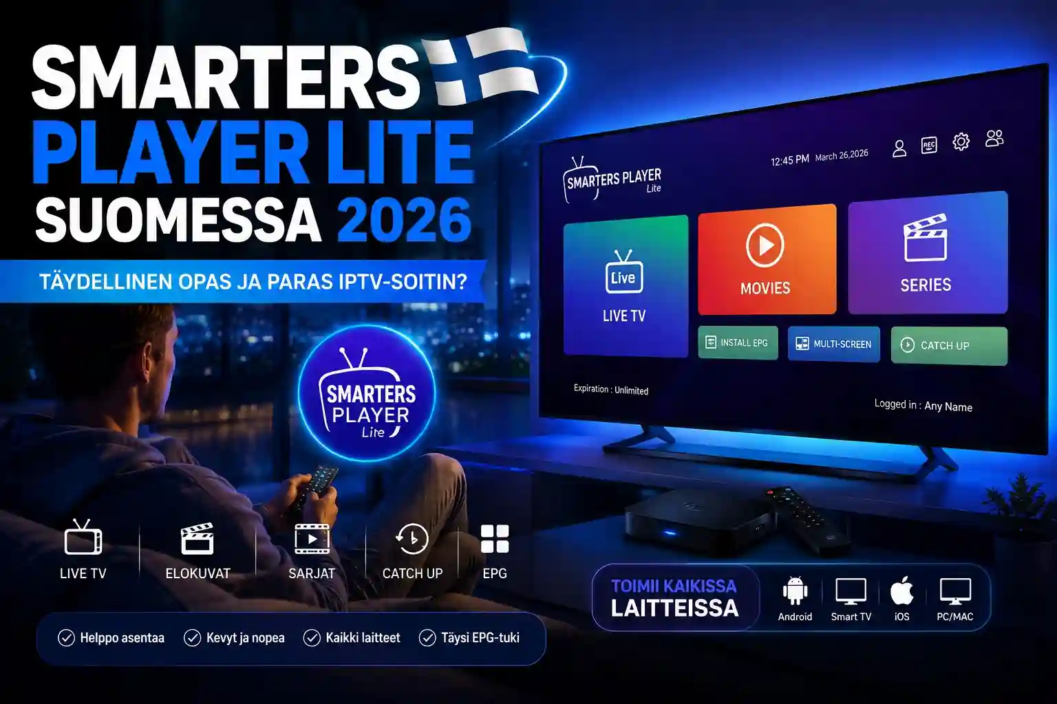 Smarters Player Lite Suomessa 2026 – IPTV-soittimen asennus Smart TV:lle, Android TV:lle, Fire TV:lle ja iPhonelle