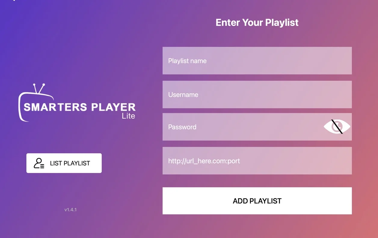 Smarters Player Lite playlist asetukset