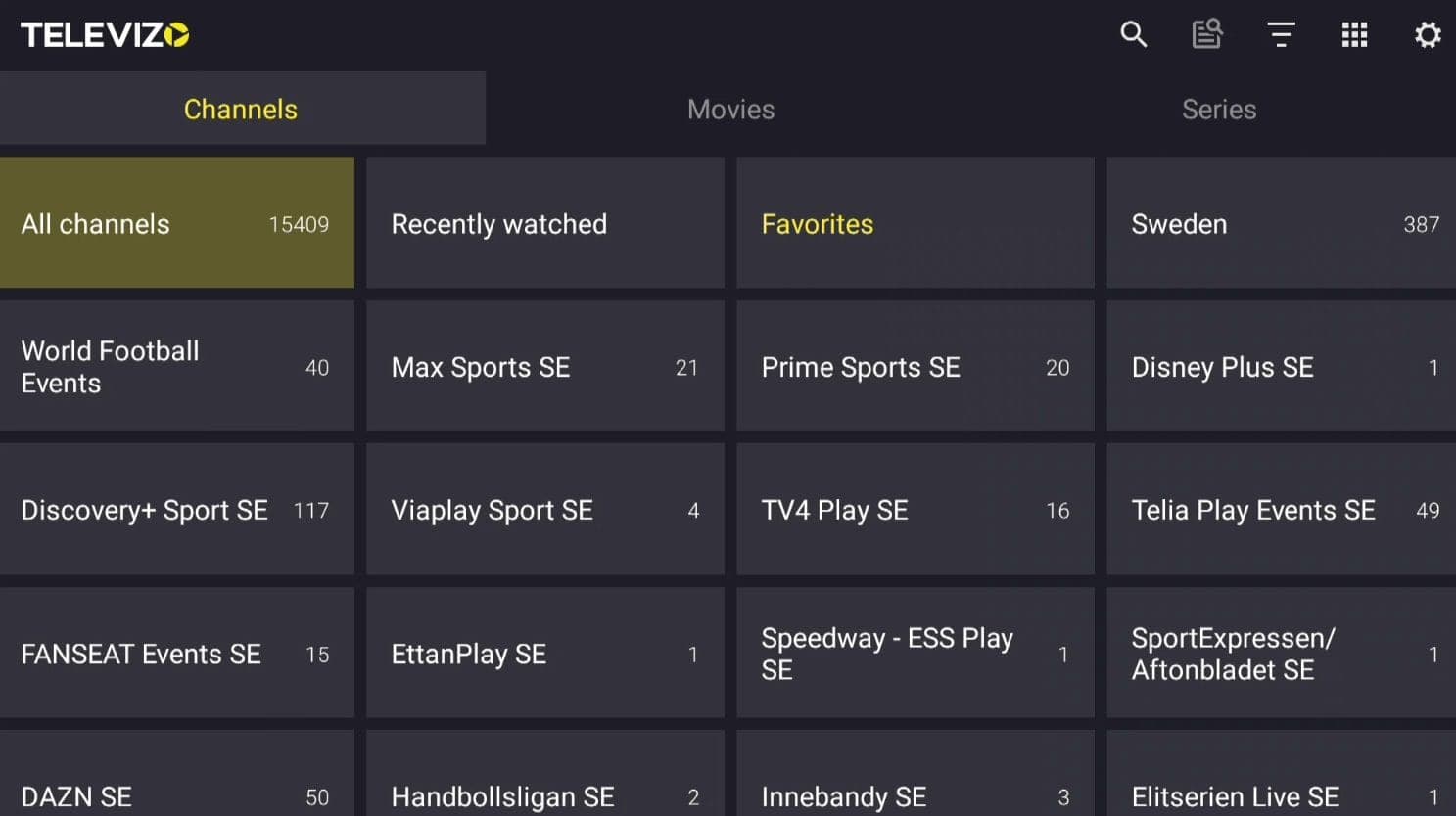 Televizo IPTV käyttöliittymä Android TV:llä