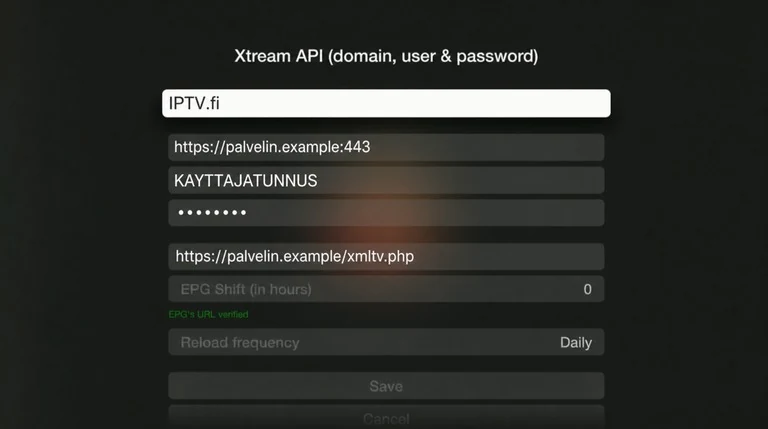IPTVX-ohje vaihe 2: IPTV.fi-esimerkin palvelinosoite, käyttäjätunnus ja salasana