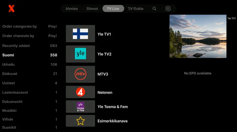 IPTVX-ohje vaihe 4: suomalainen esimerkkikanavalista ja ohjelmaopas valmiina