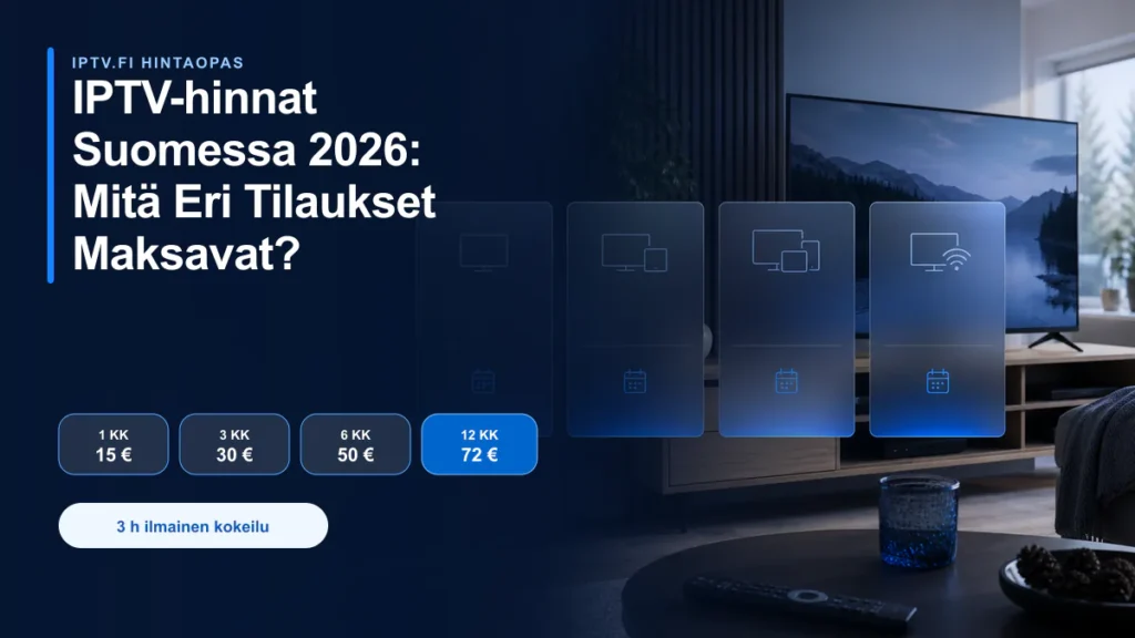 IPTV-hinnat Suomessa 2026 – 1 kk 15 €, 3 kk 30 €, 6 kk 50 € ja 12 kk 72 €