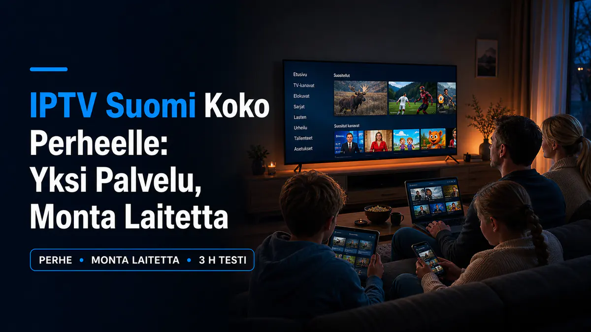 IPTV Suomi koko perheelle – perhe käyttää televisiota, tablettia, kannettavaa ja puhelinta