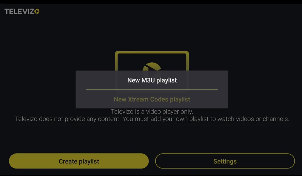 Televizo IPTV Player vaihe 1: Create playlist ja Xtream Codes