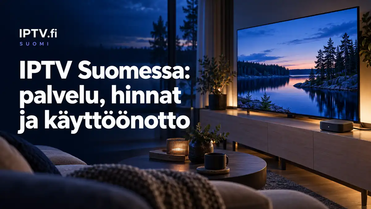IPTV Suomi: televisio, suoratoistolaite ja suomalainen järvimaisema käyttöönotto-oppaan kansikuvassa