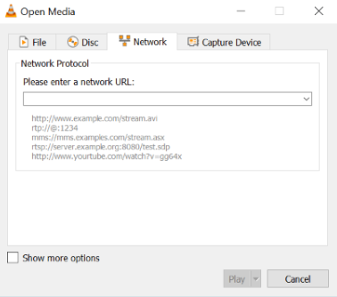 IPTV Windowsissa: VLC:n Network-osoitekenttä ja Play-painike