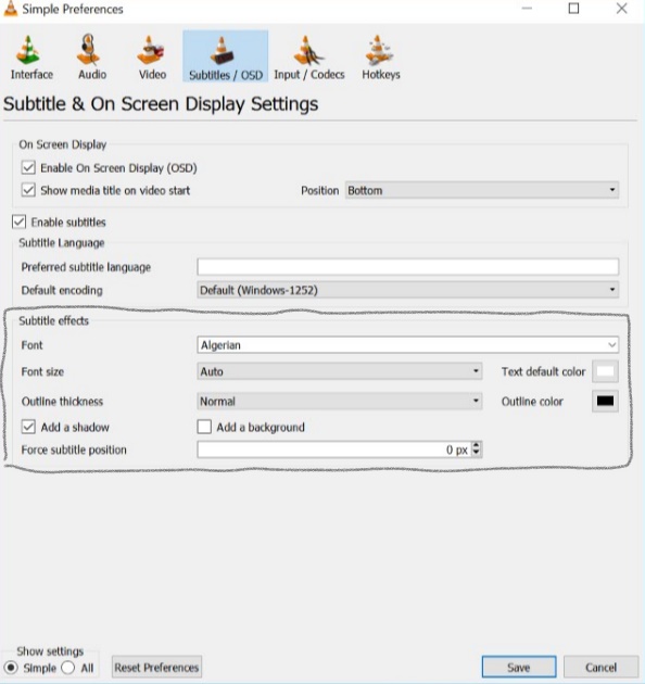 VLC:n tekstityksen Font size-, reunus- ja tausta-asetukset
