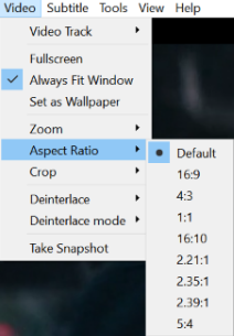 VLC:n Video-valikon Aspect Ratio -alavalikko ja Default-valinta
