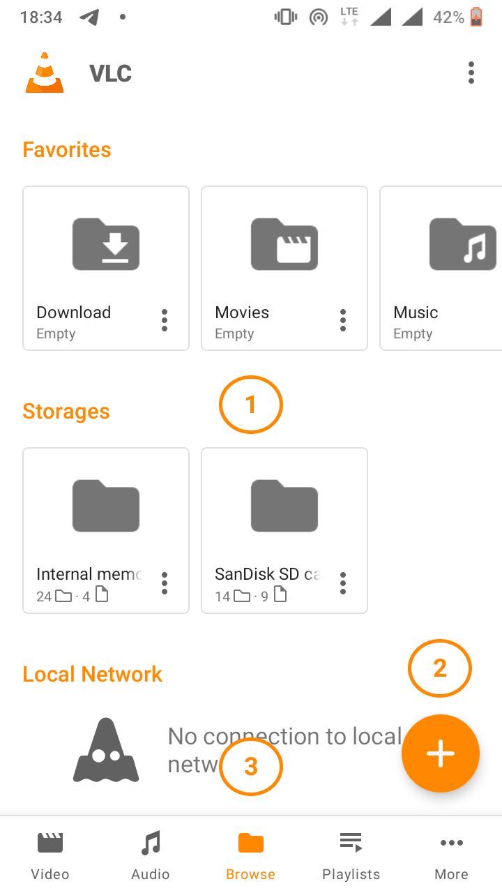VLC Androidin Browse-näkymä, tallennustilat ja Local Network